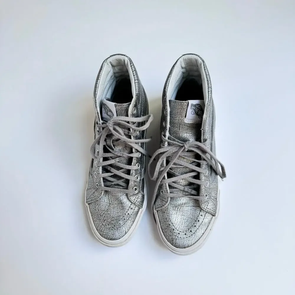 VANS Rare Metallic Silver Leather Upper SK8 High Top Slim Shoes M 5.5 - W 7 - Picture 2 of 10
